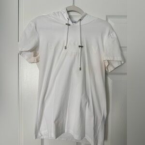 Balmain Paris White Short Sleeve Hoodie | Embossed Logo | Size S
